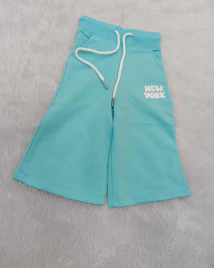 A90 He and She Girls Aqua Blue New York Printed Co-Ord Set | Stylish Kids Casual Wear Cord Set