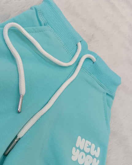 A90 He and She Girls Aqua Blue New York Printed Co-Ord Set | Stylish Kids Casual Wear Cord Set