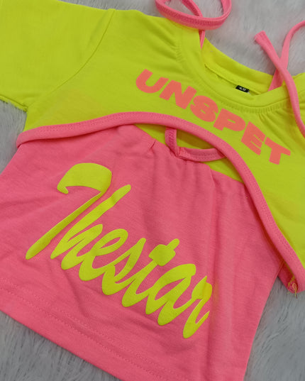 GIRLS TOPS CODE-A94 He and She Girls Neon Color Block Cut-Out Top | Stylish Casual Half Sleeve Top for Girls