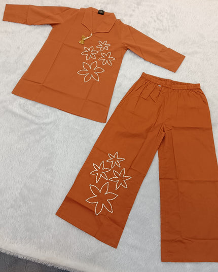 LADIES KURTI SET CODE-A96 He and She Women’s Rust Orange Floral Embroidered Co-Ord Set | Kurti & Palazzo Set for Women