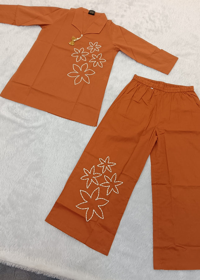 LADIES KURTI SET CODE-A96 He and She Women’s Rust Orange Floral Embroidered Co-Ord Set | Kurti & Palazzo Set for Women