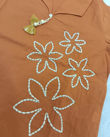 LADIES KURTI SET CODE-A96 He and She Women’s Rust Orange Floral Embroidered Co-Ord Set | Kurti & Palazzo Set for Women