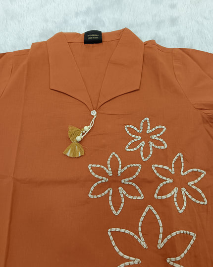 LADIES KURTI SET CODE-A96 He and She Women’s Rust Orange Floral Embroidered Co-Ord Set | Kurti & Palazzo Set for Women