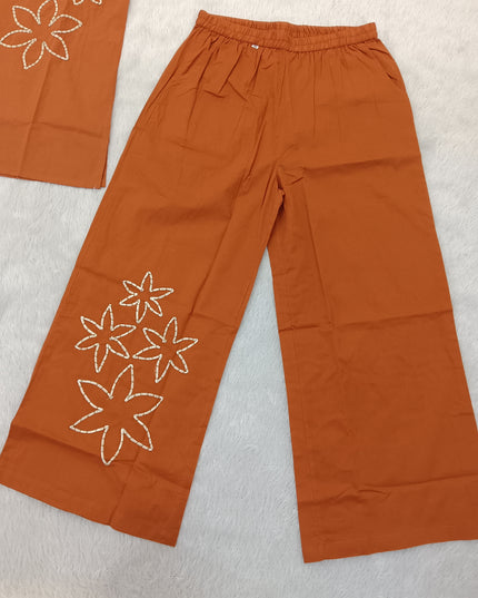LADIES KURTI SET CODE-A96 He and She Women’s Rust Orange Floral Embroidered Co-Ord Set | Kurti & Palazzo Set for Women