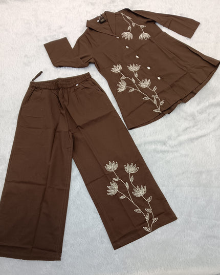 LADIES CO-ORD SET CODE-A97 He and She Women's Brown Floral Embroidered Co-Ord Set | Stylish Shirt & Wide Leg Palazzo Set for Women