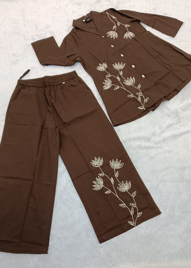 LADIES CO-ORD SET CODE-A97 He and She Women's Brown Floral Embroidered Co-Ord Set | Stylish Shirt & Wide Leg Palazzo Set for Women