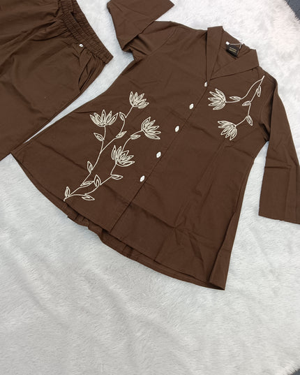 LADIES CO-ORD SET CODE-A97 He and She Women's Brown Floral Embroidered Co-Ord Set | Stylish Shirt & Wide Leg Palazzo Set for Women