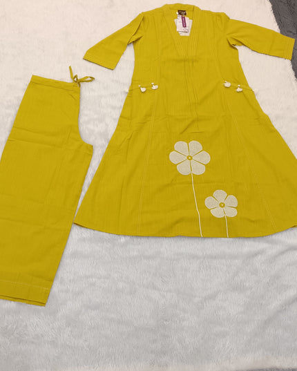 LADIES KURTI SET CODE-A98 He and She Women's Mustard Yellow Embroidered Kurti Pant Set | Stylish Ethnic Wear for Women