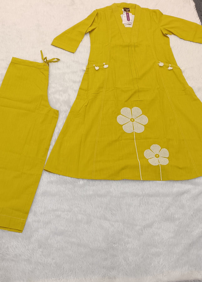 LADIES KURTI SET CODE-A98 He and She Women's Mustard Yellow Embroidered Kurti Pant Set | Stylish Ethnic Wear for Women