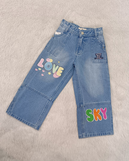 GIRLS JEANS CODE-A101 Girls Wide Leg Printed Denim Jeans | Light & Dark Denim | Stylish Casual Bottom Wear for Kids | He and She
