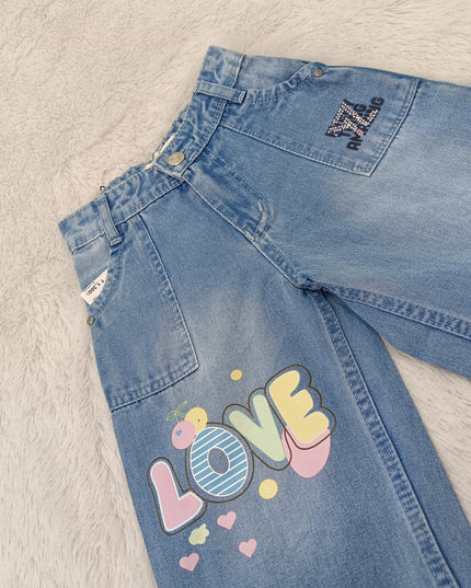 GIRLS JEANS CODE-A101 Girls Wide Leg Printed Denim Jeans | Light & Dark Denim | Stylish Casual Bottom Wear for Kids | He and She