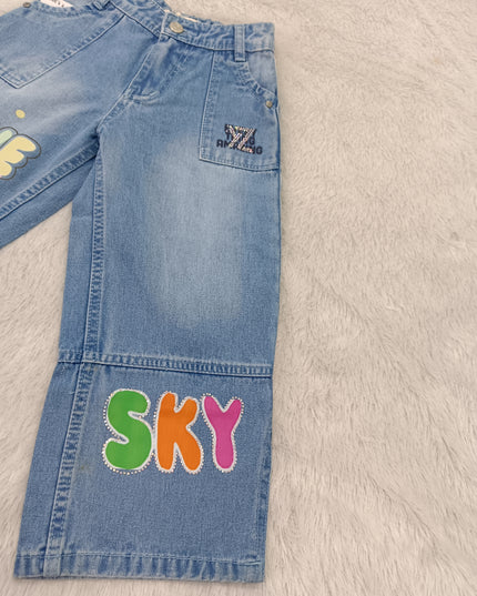 GIRLS JEANS CODE-A101 Girls Wide Leg Printed Denim Jeans | Light & Dark Denim | Stylish Casual Bottom Wear for Kids | He and She