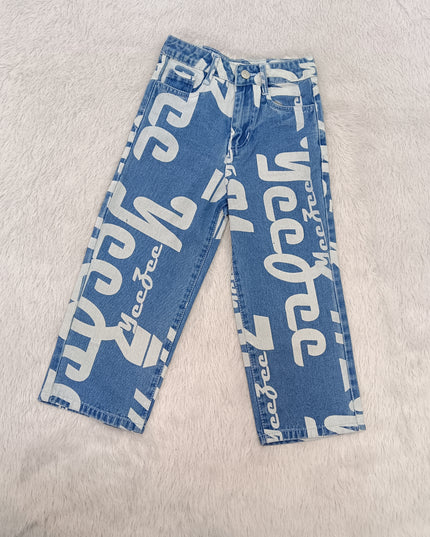GIRLS JEANS CODE-A102 Girls Graphic Print Wide Leg Denim Jeans | Stylish Blue Baggy Jeans for Kids