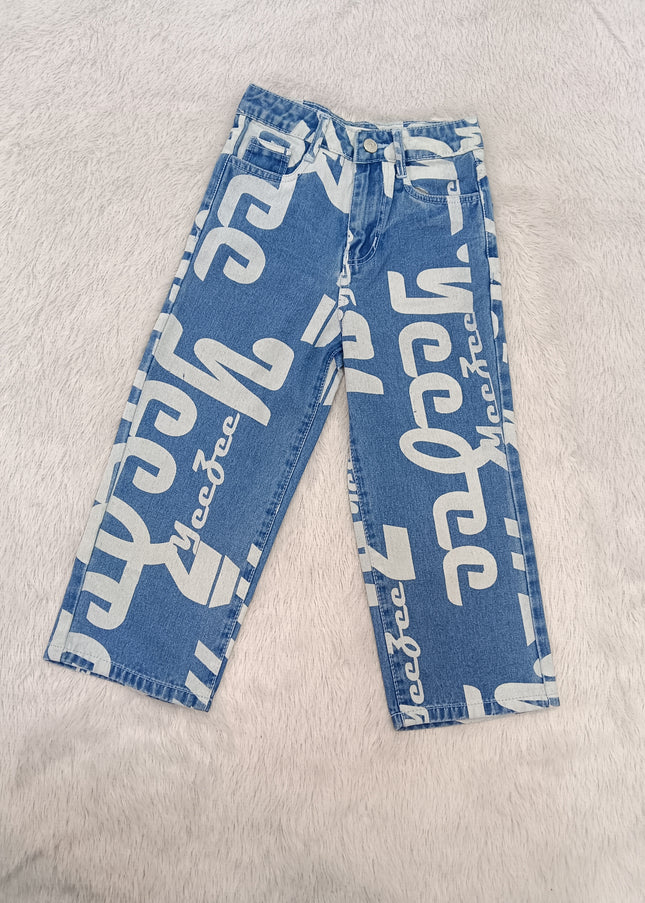GIRLS JEANS CODE-A102 Girls Graphic Print Wide Leg Denim Jeans | Stylish Blue Baggy Jeans for Kids
