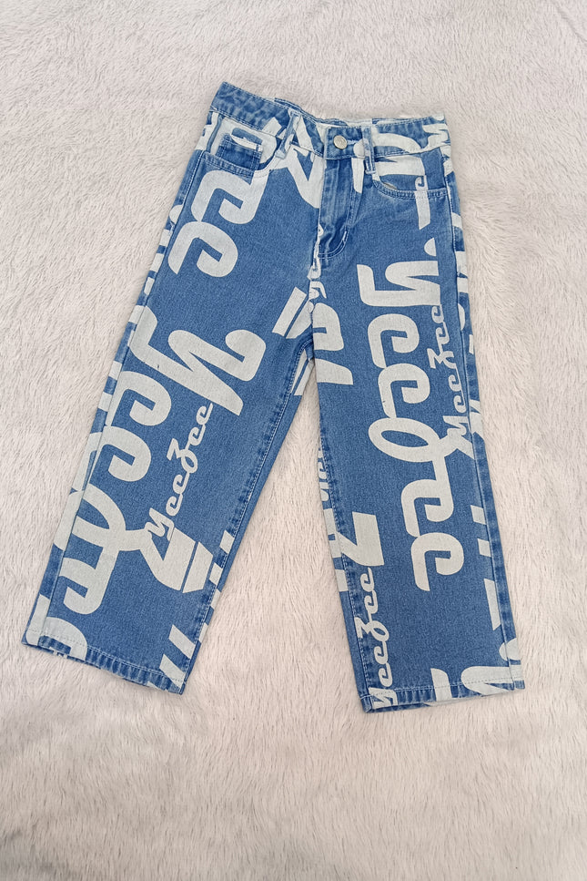 GIRLS JEANS CODE-A102 Girls Graphic Print Wide Leg Denim Jeans | Stylish Blue Baggy Jeans for Kids