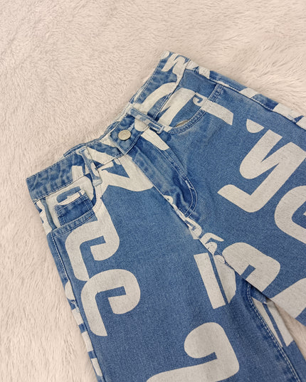 GIRLS JEANS CODE-A102 Girls Graphic Print Wide Leg Denim Jeans | Stylish Blue Baggy Jeans for Kids