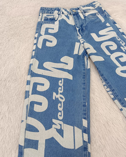 GIRLS JEANS CODE-A102 Girls Graphic Print Wide Leg Denim Jeans | Stylish Blue Baggy Jeans for Kids