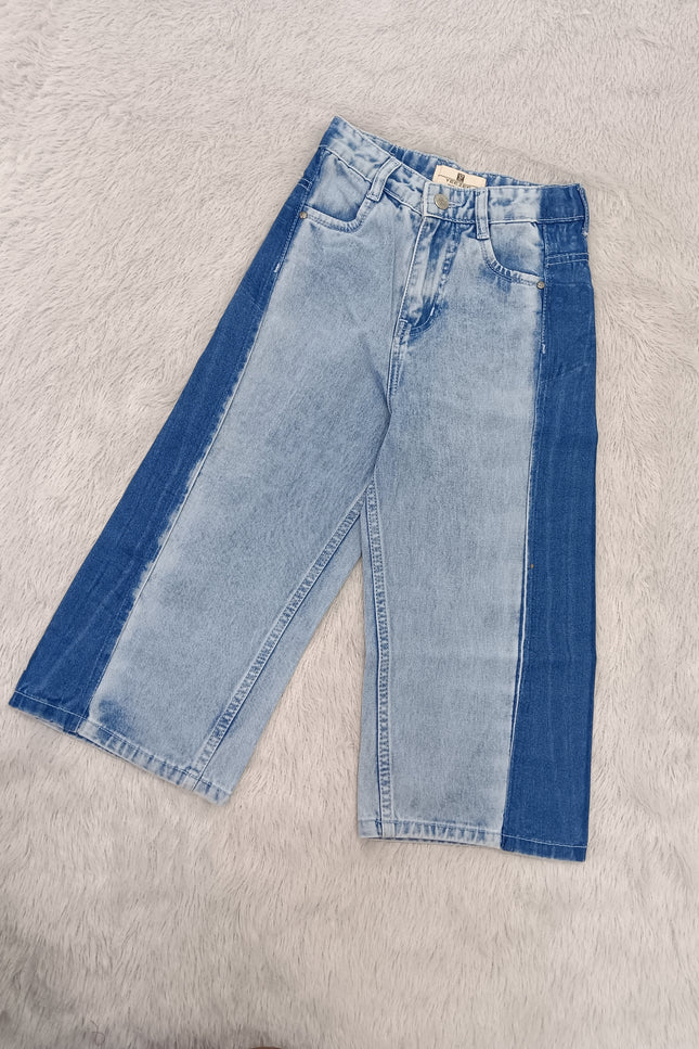 GIRLS JEANS CODE-A100 Girls Two-Tone Wide Leg Denim Jeans | Stylish Casual Kids Jeans