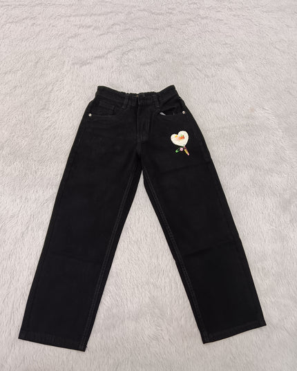 GIRLS JEANS CODE-A99 Girls Wide Leg Denim Jeans with Heart Patch | Kids Casual Fashion Pants | He and She