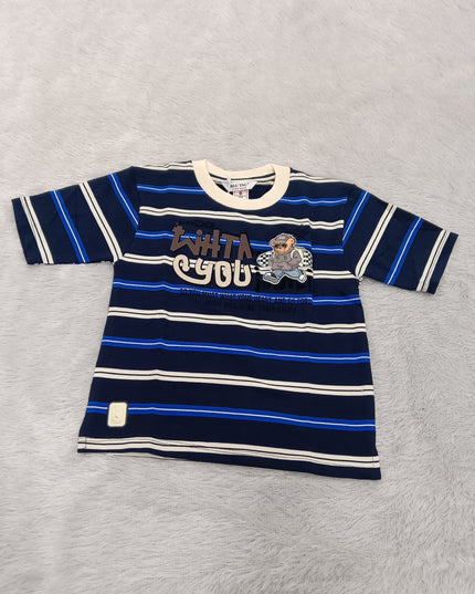 BOYS TSHIRT CODE-A129 Boys Navy Blue Striped Cotton Half Sleeve T-Shirt | Casual Printed Tee for Kids