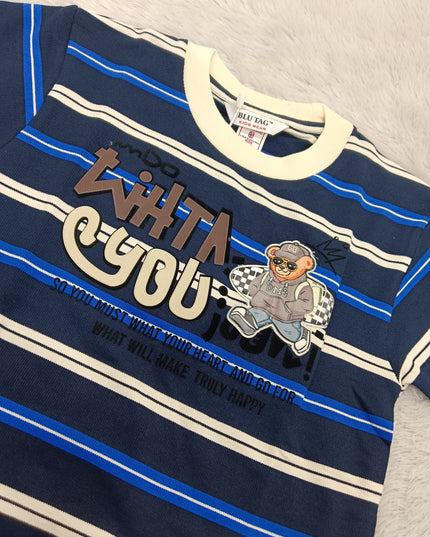 BOYS TSHIRT CODE-A129 Boys Navy Blue Striped Cotton Half Sleeve T-Shirt | Casual Printed Tee for Kids