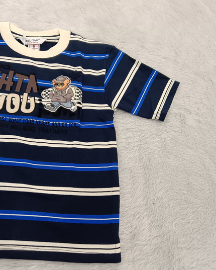 BOYS TSHIRT CODE-A129 Boys Navy Blue Striped Cotton Half Sleeve T-Shirt | Casual Printed Tee for Kids