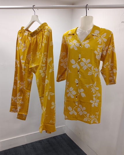 LADIES SET CODE-A130 Women's Mustard Yellow Floral Printed Kurti Pant Set | Soft Rayon Co-Ord Set