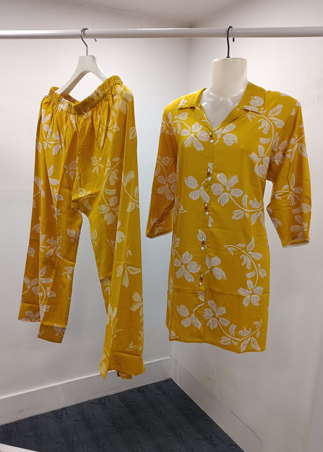 LADIES SET CODE-A130 Women's Mustard Yellow Floral Printed Kurti Pant Set | Soft Rayon Co-Ord Set