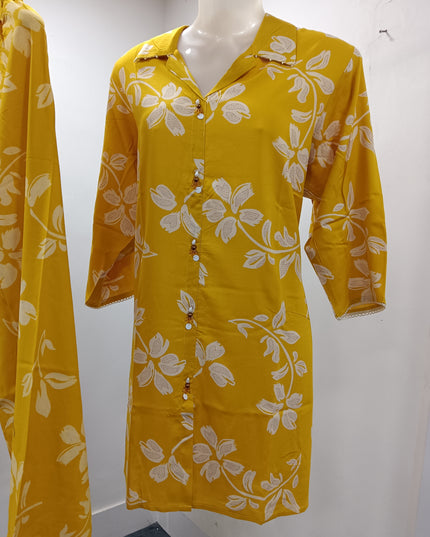 LADIES SET CODE-A130 Women's Mustard Yellow Floral Printed Kurti Pant Set | Soft Rayon Co-Ord Set