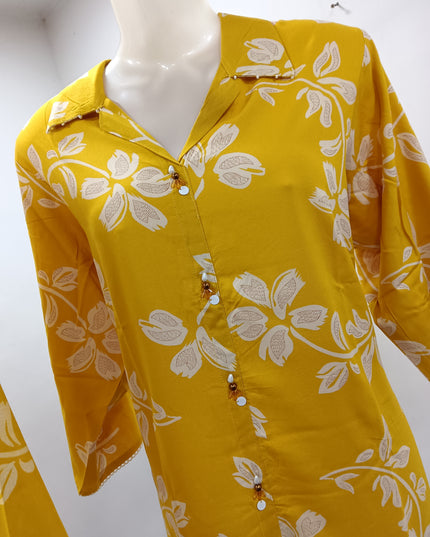 LADIES SET CODE-A130 Women's Mustard Yellow Floral Printed Kurti Pant Set | Soft Rayon Co-Ord Set