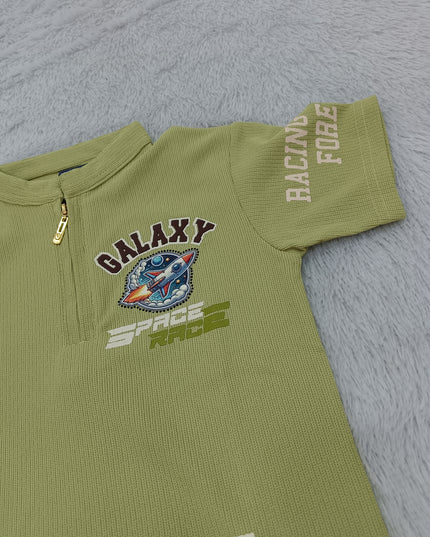BOYS TSHIRT CODE-A152He and She Boys Brown Graphic Half Zip T-Shirt | Premium Cotton Blend Casual Kids Tee