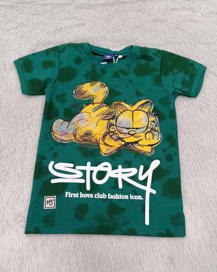 BOYS TSHIRT CODE-A148He and She Boys Green Cartoon Graphic Printed Cotton T-Shirt | Casual Half Sleeve Round Neck Kids Tee