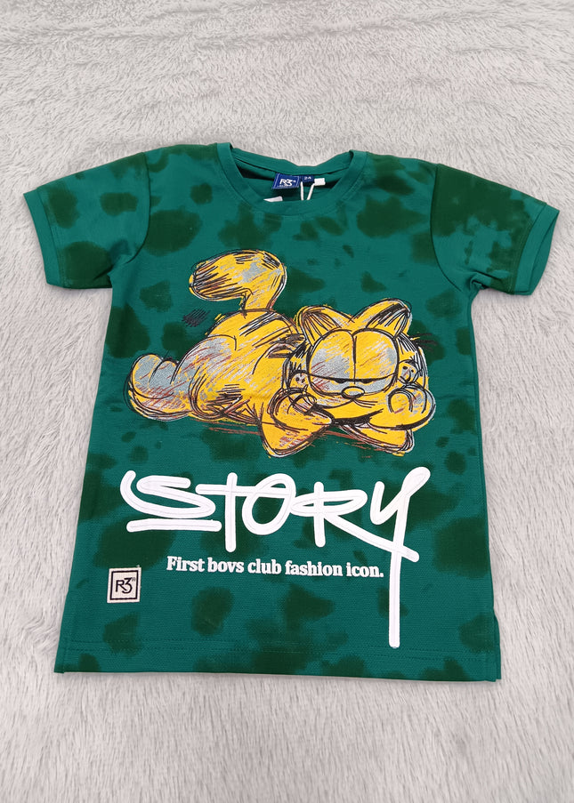 BOYS TSHIRT CODE-A148He and She Boys Green Cartoon Graphic Printed Cotton T-Shirt | Casual Half Sleeve Round Neck Kids Tee