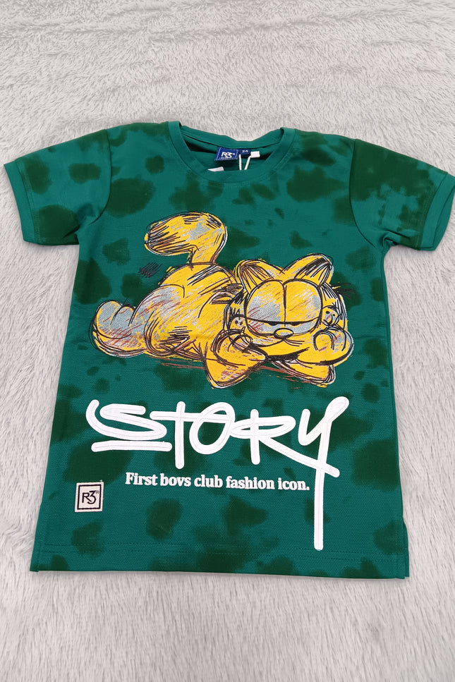 BOYS TSHIRT CODE-A148He and She Boys Green Cartoon Graphic Printed Cotton T-Shirt | Casual Half Sleeve Round Neck Kids Tee