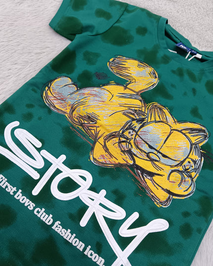 BOYS TSHIRT CODE-A148He and She Boys Green Cartoon Graphic Printed Cotton T-Shirt | Casual Half Sleeve Round Neck Kids Tee