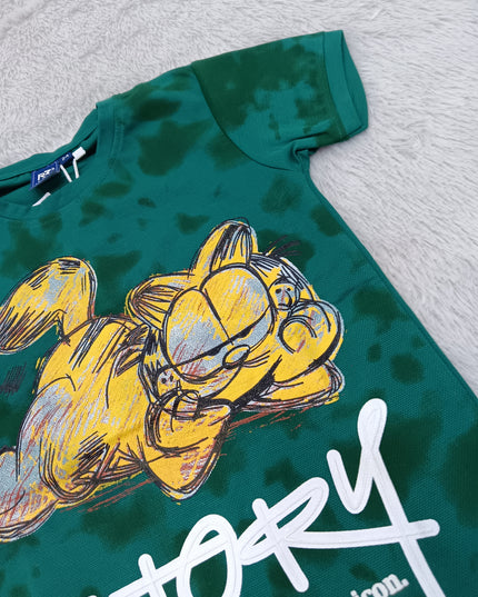 BOYS TSHIRT CODE-A148He and She Boys Green Cartoon Graphic Printed Cotton T-Shirt | Casual Half Sleeve Round Neck Kids Tee