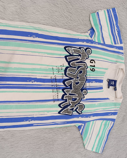 BOYS JEANS CODE-A143 Boys Blue & Mint Striped Graphic T-Shirt | Stylish Half Sleeve Kids Tee