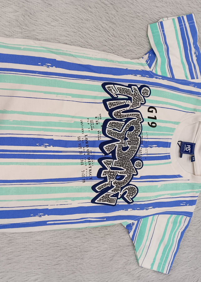 BOYS JEANS CODE-A143 Boys Blue & Mint Striped Graphic T-Shirt | Stylish Half Sleeve Kids Tee