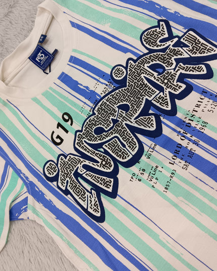 BOYS JEANS CODE-A143 Boys Blue & Mint Striped Graphic T-Shirt | Stylish Half Sleeve Kids Tee
