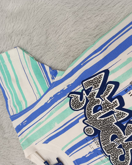 BOYS JEANS CODE-A143 Boys Blue & Mint Striped Graphic T-Shirt | Stylish Half Sleeve Kids Tee