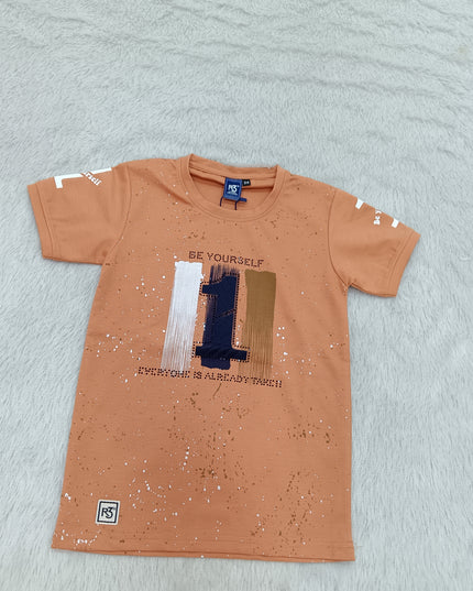 BOYS TSHIRT CODE-A149He and She Boys Peach Graphic Printed Cotton T-Shirt | Casual Half Sleeve Round Neck Kids Tee