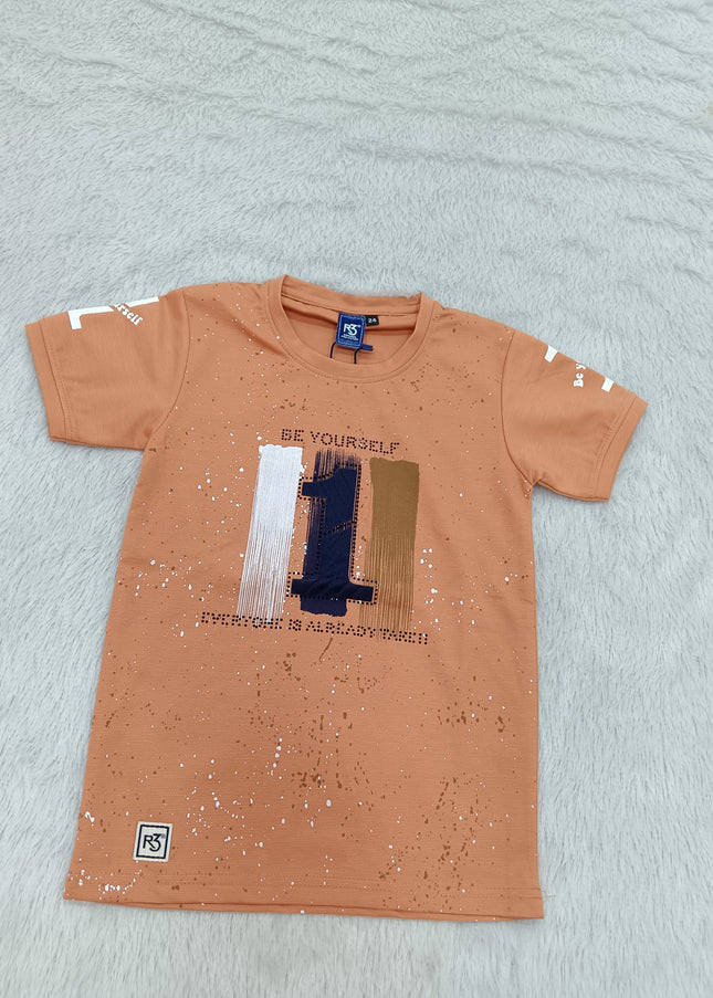 BOYS TSHIRT CODE-A149He and She Boys Peach Graphic Printed Cotton T-Shirt | Casual Half Sleeve Round Neck Kids Tee