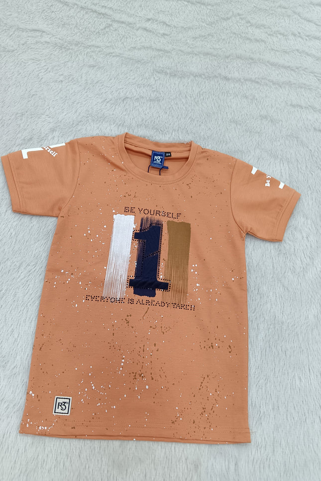 BOYS TSHIRT CODE-A149He and She Boys Peach Graphic Printed Cotton T-Shirt | Casual Half Sleeve Round Neck Kids Tee