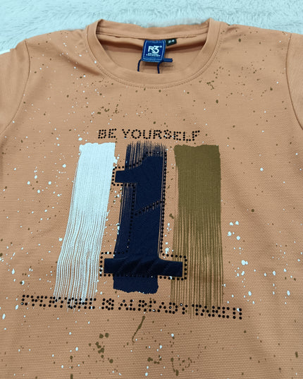 BOYS TSHIRT CODE-A149He and She Boys Peach Graphic Printed Cotton T-Shirt | Casual Half Sleeve Round Neck Kids Tee