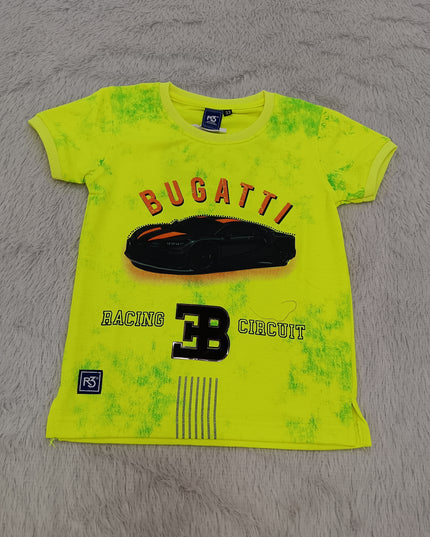 BOYS TSHIRT CODE-A150He and She Boys Neon Yellow Bugatti Graphic Printed Cotton T-Shirt | Casual Half Sleeve Round Neck Kids Tee