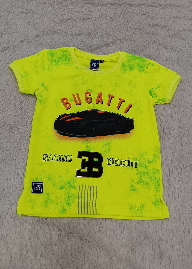 BOYS TSHIRT CODE-A150He and She Boys Neon Yellow Bugatti Graphic Printed Cotton T-Shirt | Casual Half Sleeve Round Neck Kids Tee
