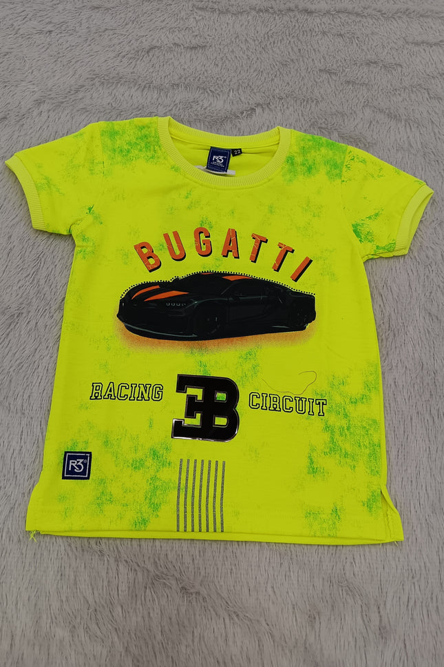 BOYS TSHIRT CODE-A150He and She Boys Neon Yellow Bugatti Graphic Printed Cotton T-Shirt | Casual Half Sleeve Round Neck Kids Tee