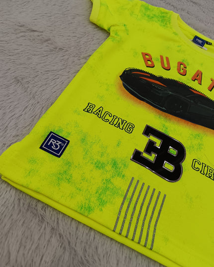 BOYS TSHIRT CODE-A150He and She Boys Neon Yellow Bugatti Graphic Printed Cotton T-Shirt | Casual Half Sleeve Round Neck Kids Tee