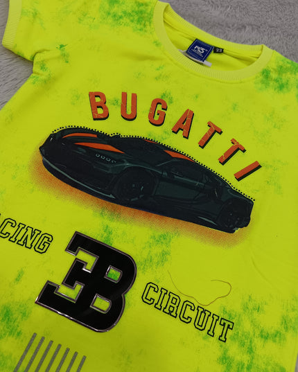 BOYS TSHIRT CODE-A150He and She Boys Neon Yellow Bugatti Graphic Printed Cotton T-Shirt | Casual Half Sleeve Round Neck Kids Tee
