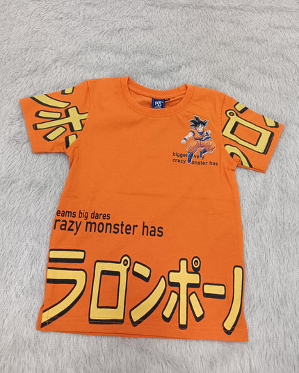 BOYS TSHIRT CODE-A147He and She Boys Orange Anime Inspired Graphic Printed Cotton T-Shirt | Casual Half Sleeve Round Neck Kids Tee